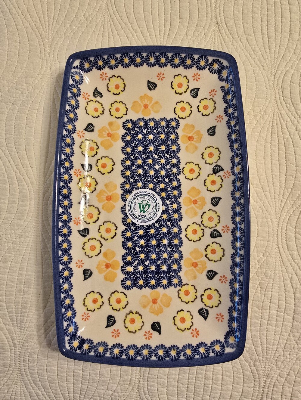 NWT Polish Pottery Blue and Yellow Floral Rectangular Serving Platter